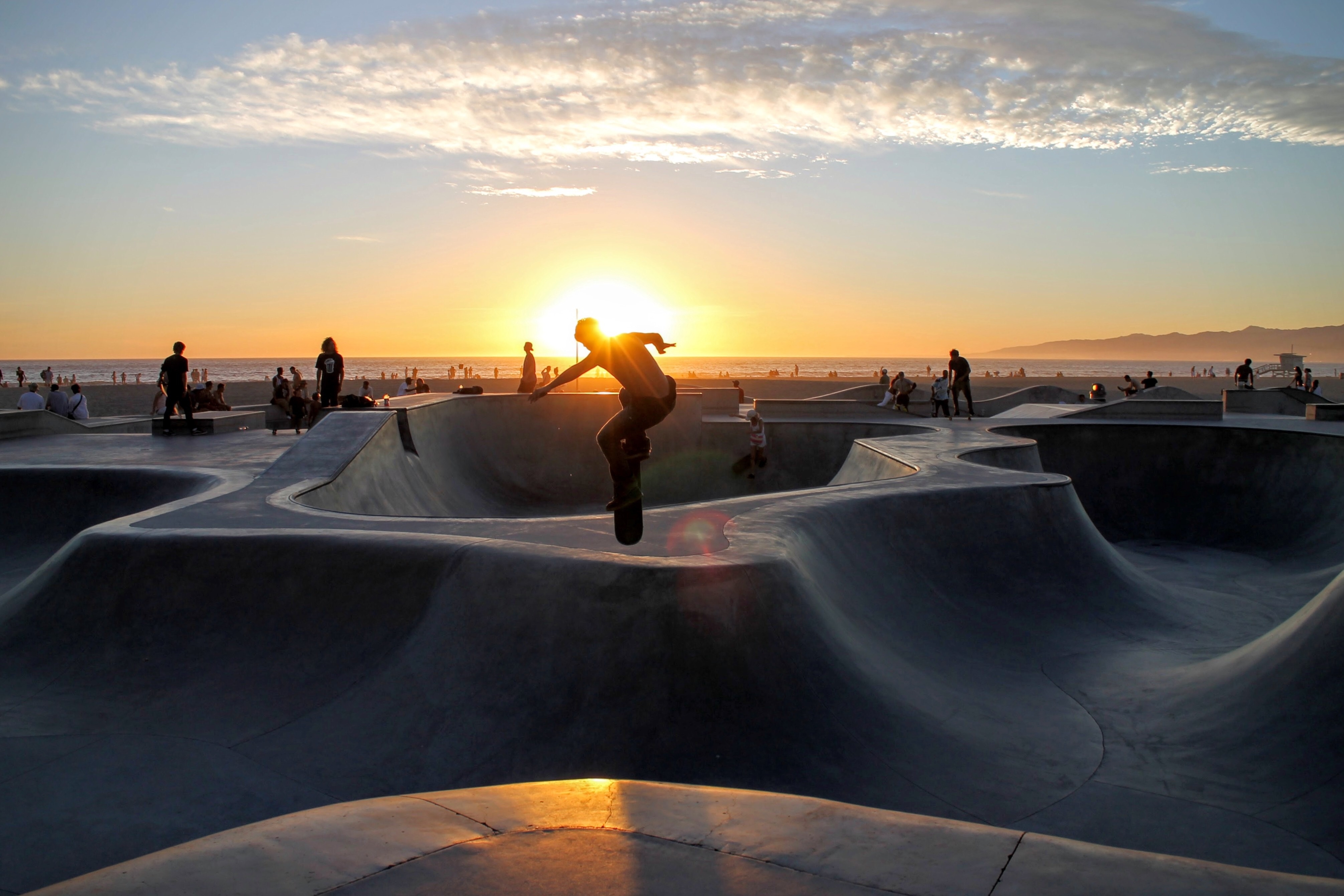 Venice Beach skate park at sunset